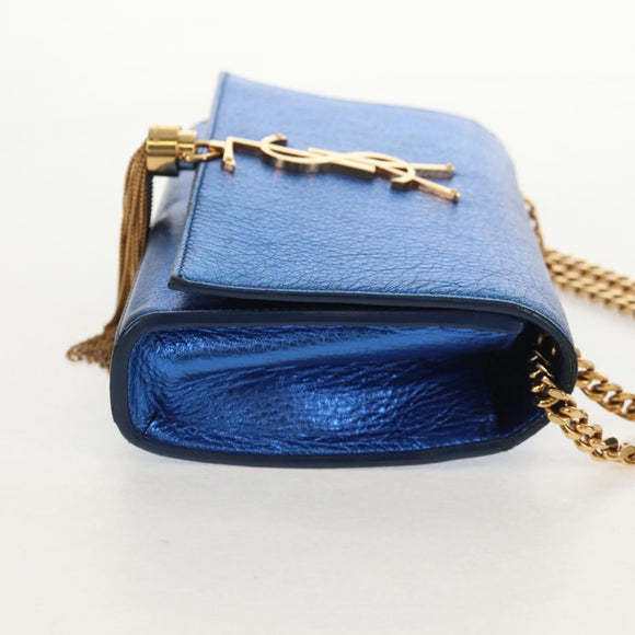 SAINT LAURENT Chain Kate Small Shoulder Bag Leather Blue Gold Auth 144825AV
