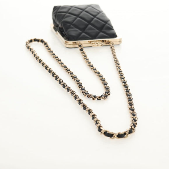 CHANEL Matelasse Chain Shoulder Bag Lamb Skin Black Gold CC Auth 144829AM