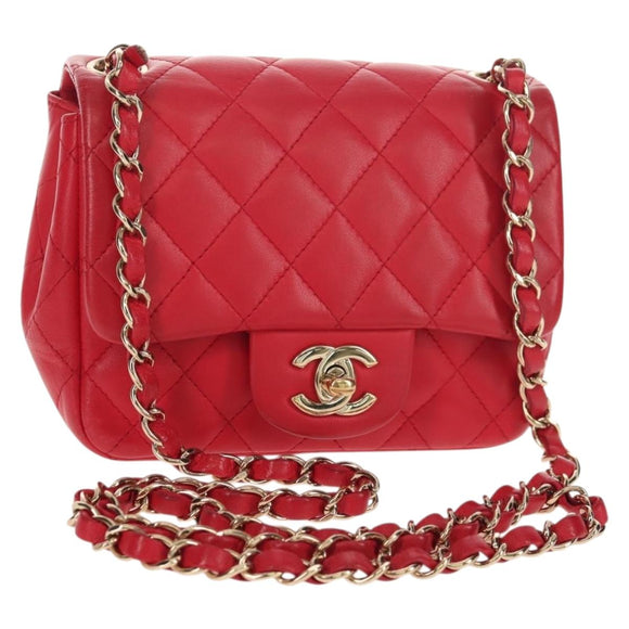 CHANEL Matelasse 17 Chain Shoulder Bag Lamb Skin Red Gold CC Auth 144831SAM