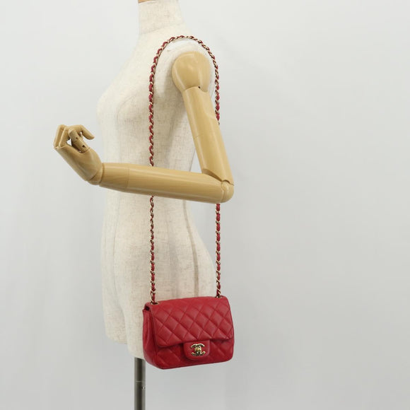 CHANEL Matelasse 17 Chain Shoulder Bag Lamb Skin Red Gold CC Auth 144831SAM