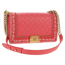 CHANEL Chain Matelasse Boy Chanel Bag Lamb Skin Pink Gold CC Auth 144832AM-1