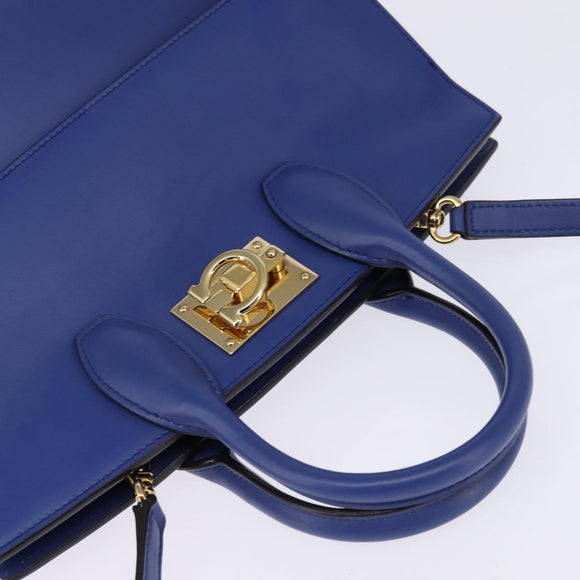 Salvatore Ferragamo Gancini Studio Hand Bag Leather 2way Blue Gold Auth 144870