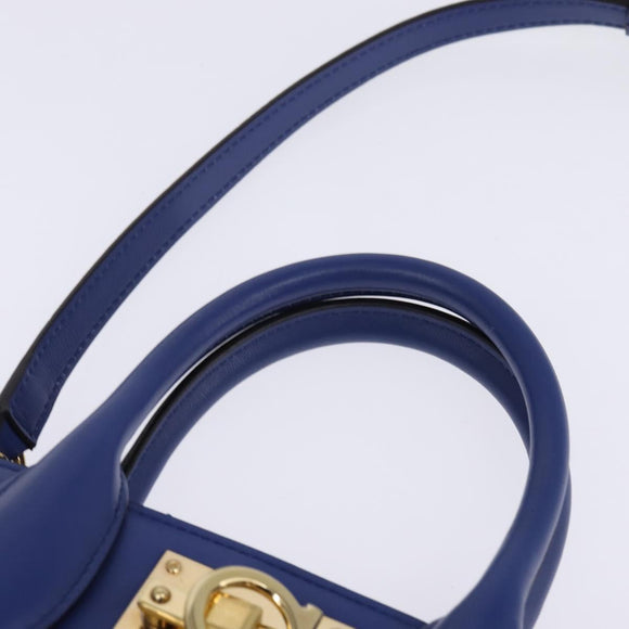 Salvatore Ferragamo Gancini Studio Hand Bag Leather 2way Blue Gold Auth 144870