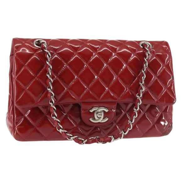 CHANEL Chain Double Flap Matelasse 25 Bag Patent leather Red Silver Auth 144878