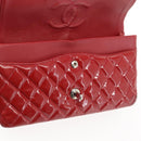CHANEL Chain Double Flap Matelasse 25 Bag Patent leather Red Silver Auth 144878-22