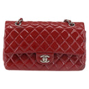 CHANEL Chain Double Flap Matelasse 25 Bag Patent leather Red Silver Auth 144878-13