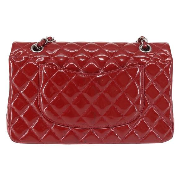 CHANEL Chain Double Flap Matelasse 25 Bag Patent leather Red Silver Auth 144878