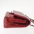 CHANEL Chain Double Flap Matelasse 25 Bag Patent leather Red Silver Auth 144878-3
