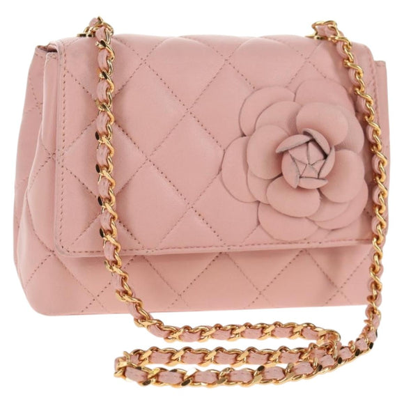 CHANEL Matelasse Camellia Chain Shoulder Bag Leather Pink Gold CC Auth 144882V