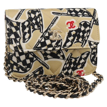 CHANEL Matelasse Checkered Flag Chain Shoulder Pouch Nylon Gold CC Auth 144883A