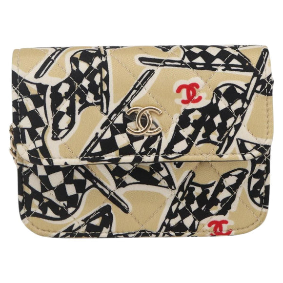 CHANEL Matelasse Checkered Flag Chain Shoulder Pouch Nylon Gold CC Auth 144883A