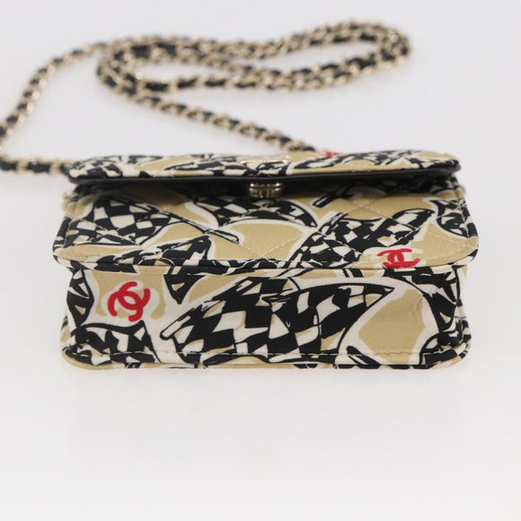 CHANEL Matelasse Checkered Flag Chain Shoulder Pouch Nylon Gold CC Auth 144883A