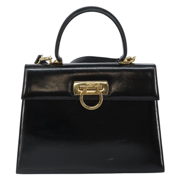 Salvatore Ferragamo Gancini Hand Bag Leather 2way Black Gold Auth 144914
