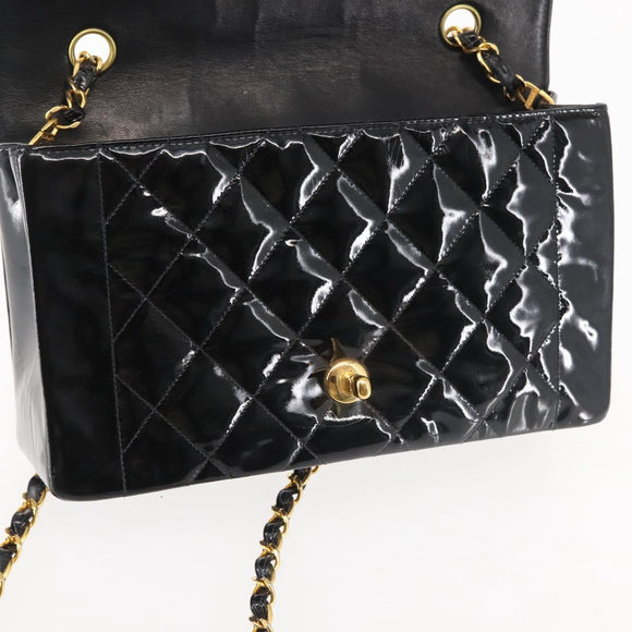 CHANEL Chain Diana Shoulder Bag Patent leather Black Gold CC Auth 144924