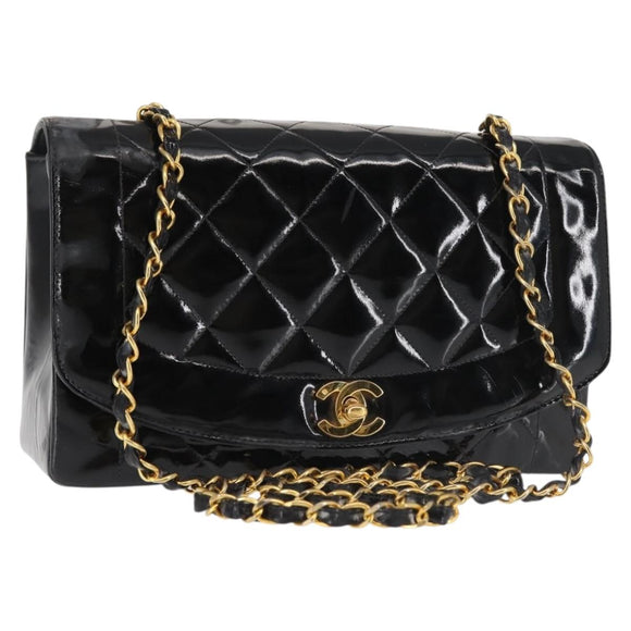 CHANEL Chain Diana Shoulder Bag Patent leather Black Gold CC Auth 144924