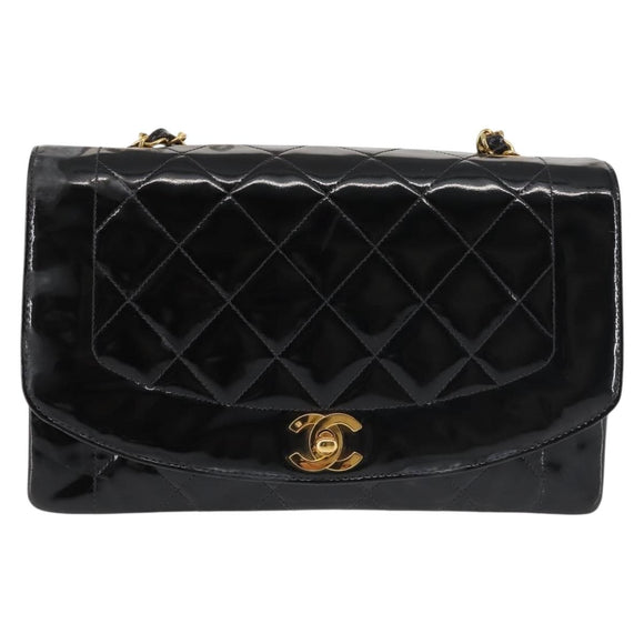 CHANEL Chain Diana Shoulder Bag Patent leather Black Gold CC Auth 144924