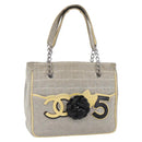 CHANEL Choco Bar Camelia Tote Bag Canvas Gray Silver CC Auth 144927-1
