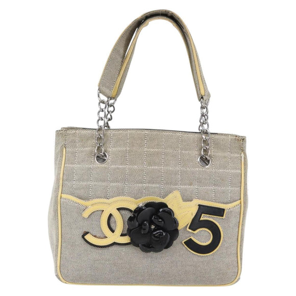 CHANEL Choco Bar Camelia Tote Bag Canvas Gray Silver CC Auth 144927