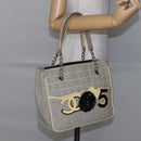 CHANEL Choco Bar Camelia Tote Bag Canvas Gray Silver CC Auth 144927-22