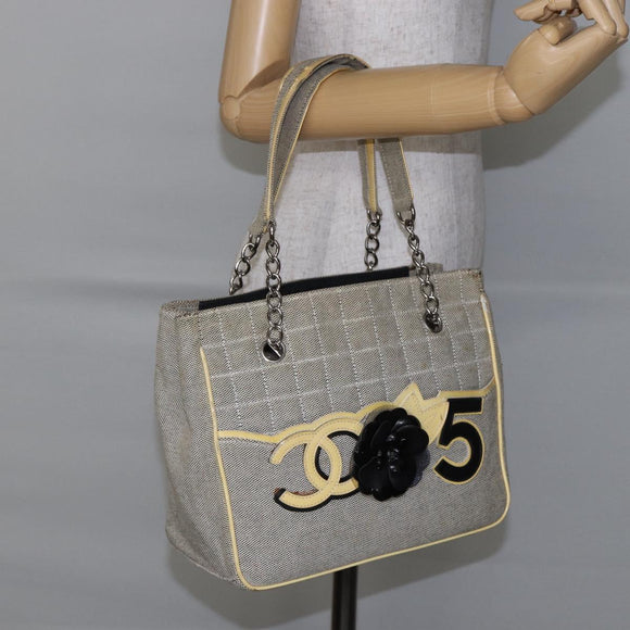 CHANEL Choco Bar Camelia Tote Bag Canvas Gray Silver CC Auth 144927