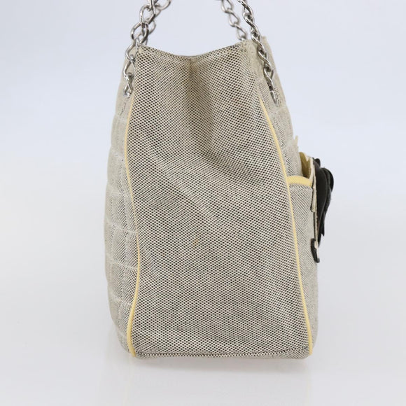 CHANEL Choco Bar Camelia Tote Bag Canvas Gray Silver CC Auth 144927