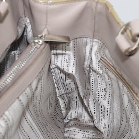 Salvatore Ferragamo Vala Tote Bag Enamel Khaki Silver Auth 144975
