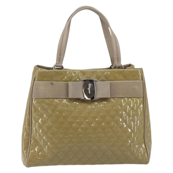 Salvatore Ferragamo Vala Tote Bag Enamel Khaki Silver Auth 144975
