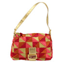 FENDI Mamma Baguette Shoulder Bag Satin Red Gold Auth 144979-2