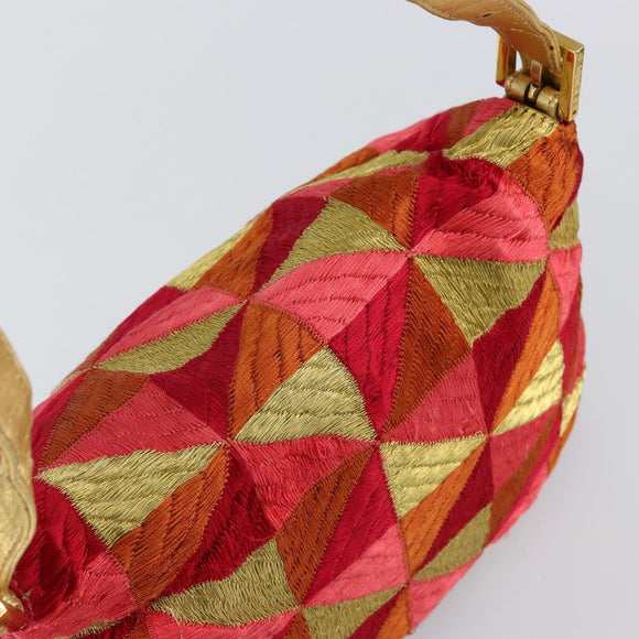 FENDI Mamma Baguette Shoulder Bag Satin Red Gold Auth 144979