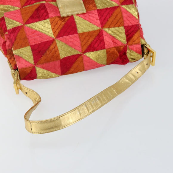 FENDI Mamma Baguette Shoulder Bag Satin Red Gold Auth 144979