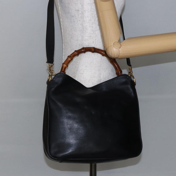 GUCCI Bamboo Shoulder Bag Leather 2way Black Gold 001 1705 1638 Auth 145008