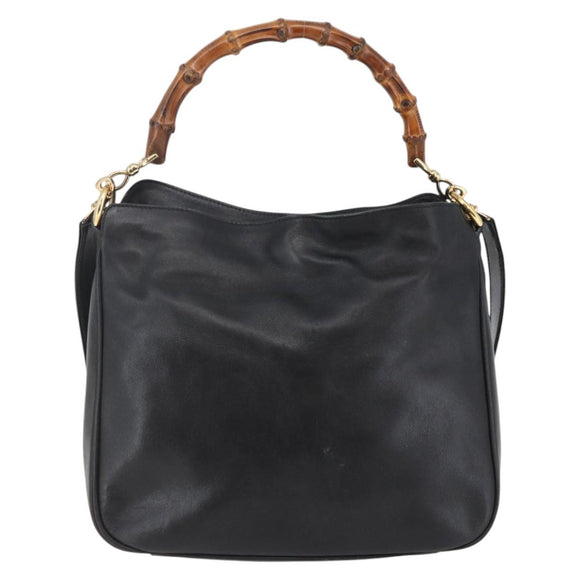 GUCCI Bamboo Shoulder Bag Leather 2way Black Gold 001 1705 1638 Auth 145008