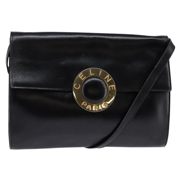 CELINE Circle Shoulder Bag Leather Black Gold Auth 145014