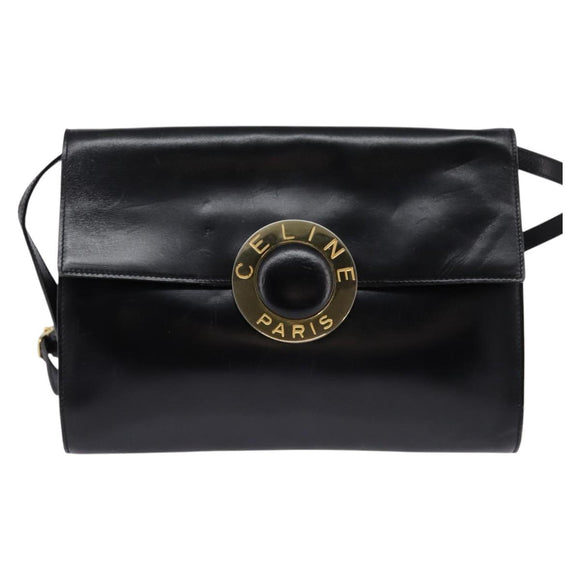CELINE Circle Shoulder Bag Leather Black Gold Auth 145014
