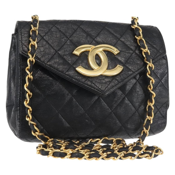 CHANEL Matelasse Chain Shoulder Bag Leather Black Gold CC Auth 145073
