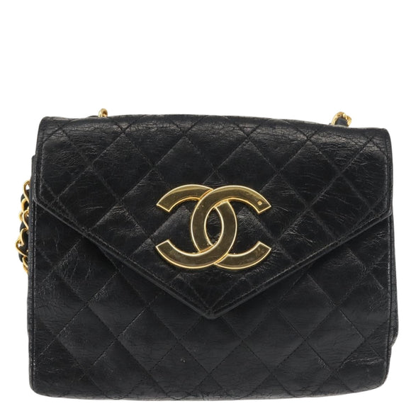 CHANEL Matelasse Chain Shoulder Bag Leather Black Gold CC Auth 145073