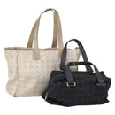 CHANEL New Travel Line Tote Bag Nylon 2Set Black Beige CC Auth 145095-1