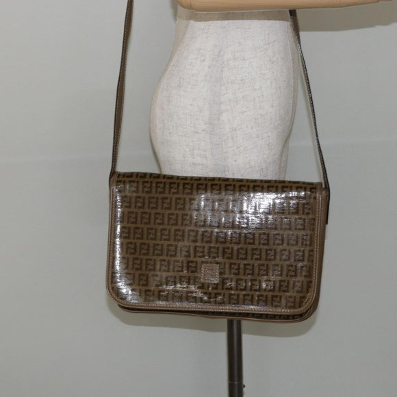 FENDI Zucchino Canvas Shoulder Bag Beige Gold Auth 145202