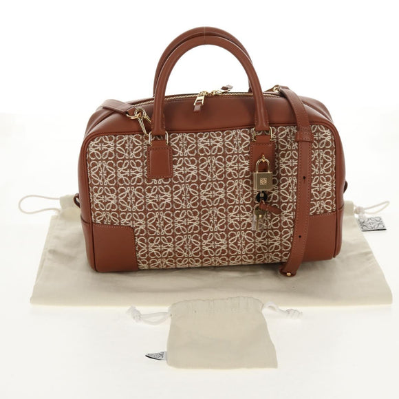LOEWE Amazona 28 Repeat Anagram Bag Canvas Leather 2way Gold Brown Auth 145249M