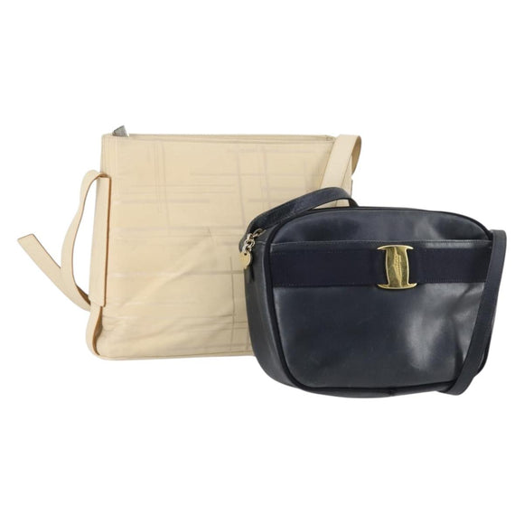 Salvatore Ferragamo Shoulder Bag Leather Canvas 2 Set Beige Navy Auth 145275
