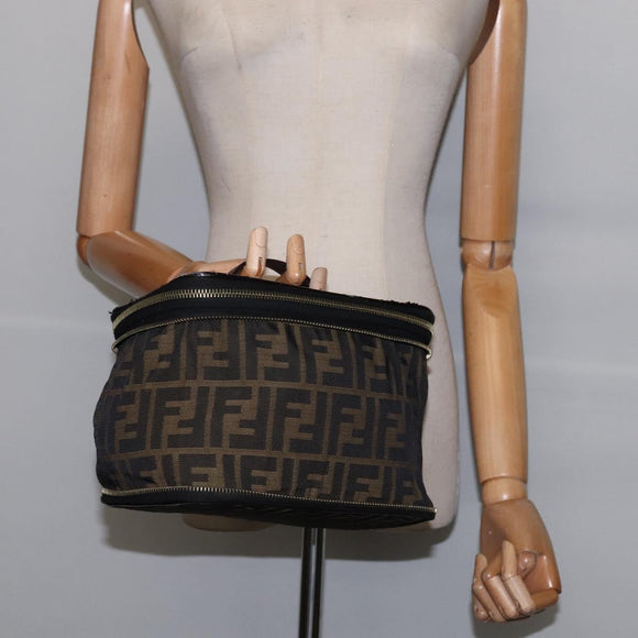 FENDI Zucca Canvas Vanity Pouch Black Brown gold Auth 145319