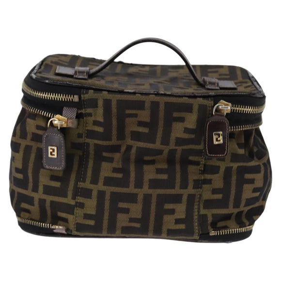 FENDI Zucca Canvas Vanity Pouch Black Brown gold Auth 145319