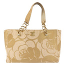 CHANEL Camelia Tote Bag Raffia Beige Gold CC Auth 145323-2