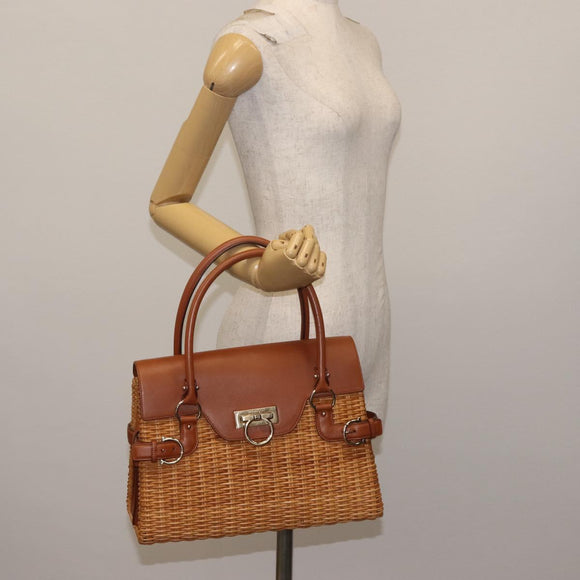 Salvatore Ferragamo Gancini Hand Bag Rattan Beige Gold Auth 145326