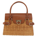 Salvatore Ferragamo Gancini Hand Bag Rattan Beige Gold Auth 145326-13