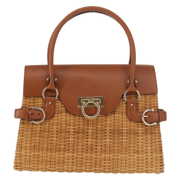Salvatore Ferragamo Gancini Hand Bag Rattan Beige Gold Auth 145326