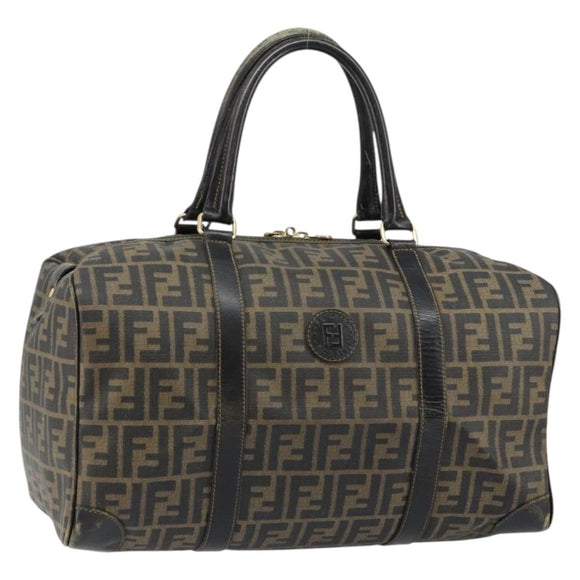 FENDI Zucca Canvas Boston Tas PVC Zwart Bruin Auth 145332