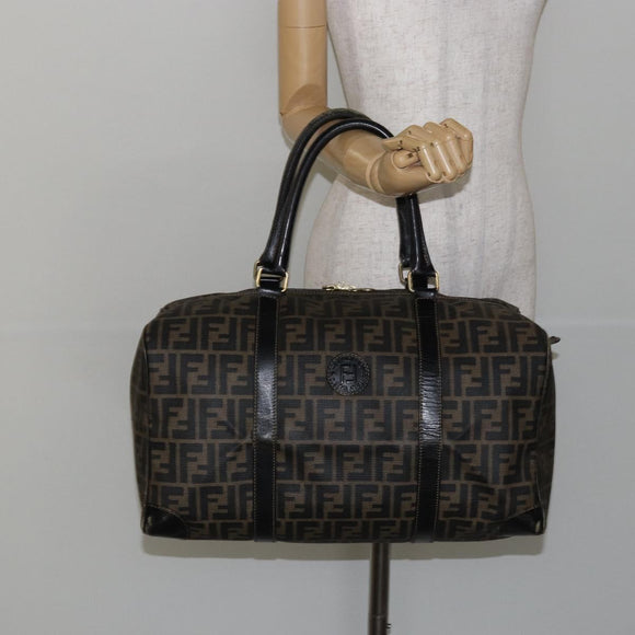 FENDI Zucca Canvas Boston Tas PVC Zwart Bruin Auth 145332