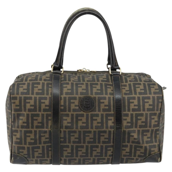 FENDI Zucca Canvas Boston Tas PVC Zwart Bruin Auth 145332