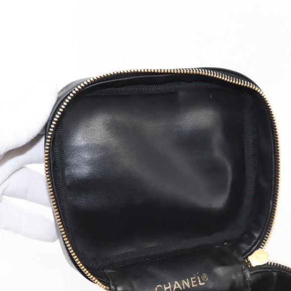 CHANEL Bicolore Vanity Pouch Lamb Skin Black Gold CC Auth 145355